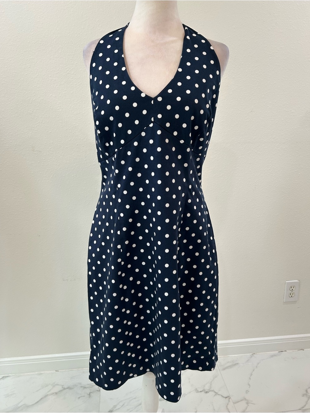 Jones New York Navy with White Polka Dot Halter Dress, Size 16